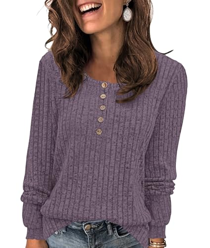 WNEEDU Pullover Damen Leichte Langarmshirt Damen Einfarbige Sweatshirts Strickpullover Lässige Oberteile Tunika mit Knöpfen Violett 3XL von WNEEDU