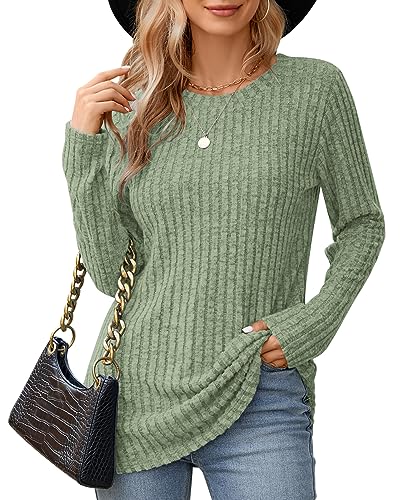 WNEEDU Pullover Damen Rundhals Lose Damen Langarmshirt Herbst Elegant Basic Sweatshirt Lässige Oberteile Bluse Tunika Tops Erbsengrün 3XL von WNEEDU