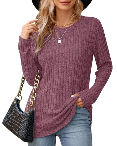 WNEEDU Pullover Damen Rundhals Lose Damen Langarmshirt Herbst Elegant Basic Sweatshirt Lässige Oberteile Bluse Tunika Tops Mauve 3XL von WNEEDU