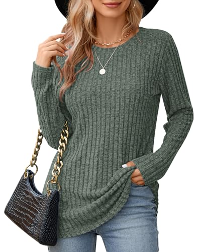 WNEEDU Pullover Damen Rundhals Lose Damen Langarmshirt Herbst Elegant Basic Sweatshirt Lässige Oberteile Bluse Tunika Tops Olivgrün XL von WNEEDU