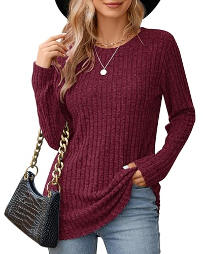 WNEEDU Pullover Damen Rundhals Lose Damen Langarmshirt Herbst Elegant Basic Sweatshirt Lässige Oberteile Bluse Tunika Tops Weinrot 2XL von WNEEDU