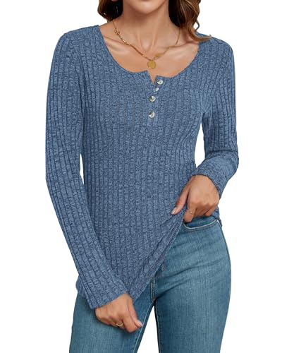 WNEEDU Pullover Damen Slim Langarmshirts Damen Lässige Strickpullover Herbest Henley Shirts 2025 Knopf Oberteile Dunkelblau s von WNEEDU
