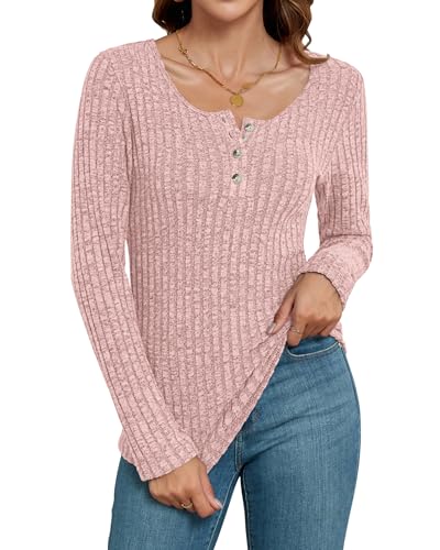 WNEEDU Pullover Damen Slim Langarmshirts Damen Lässige Strickpullover Herbest Henley Shirts 2078 Knopf Oberteile Korallenrosa XL von WNEEDU