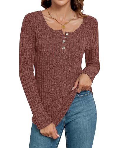 WNEEDU Pullover Damen Slim Langarmshirts Damen Lässige Strickpullover Herbest Henley Shirts 2025 Knopf Oberteile Dunkelrot XL von WNEEDU