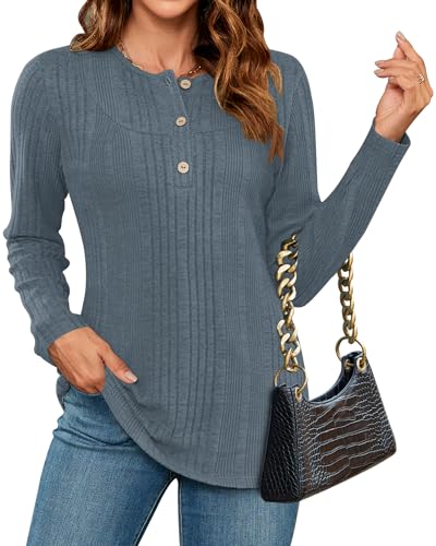 WNEEDU Pullover Damen Elegant Damen Langarmshirt Herbst Winter Pulli Lässige Sweatshirt mit Knöpfen Henley Shirt Tunika Tops Oberteile Blau S von WNEEDU