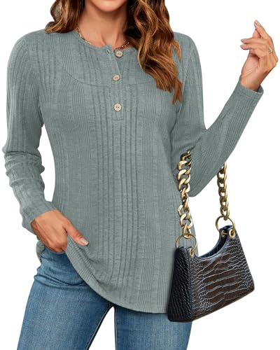 WNEEDU Pullover Damen Elegant Damen Langarmshirt Herbst Winter Pulli Lässige Sweatshirt mit Knöpfen Henley Shirt Tunika Tops Oberteile Erbsengrün 2XL von WNEEDU