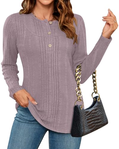 WNEEDU Pullover Damen Elegant Damen Langarmshirt Herbst Winter Pulli Lässige Sweatshirt mit Knöpfen Henley Shirt Tunika Tops Oberteile Grau Rosa 2XL von WNEEDU