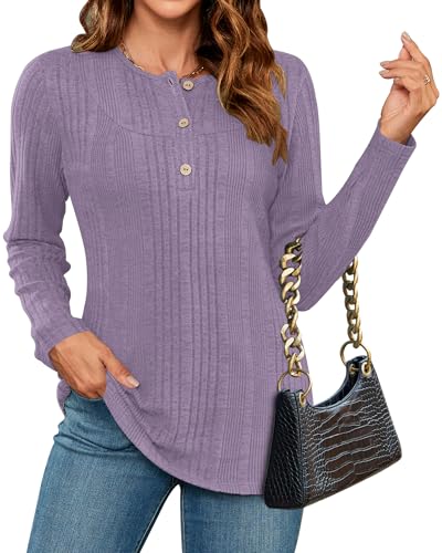 WNEEDU Pullover Damen Elegant Damen Langarmshirt Herbst Winter Pulli Lässige Sweatshirt mit Knöpfen Henley Shirt Tunika Tops Oberteile Hellviolett XL von WNEEDU