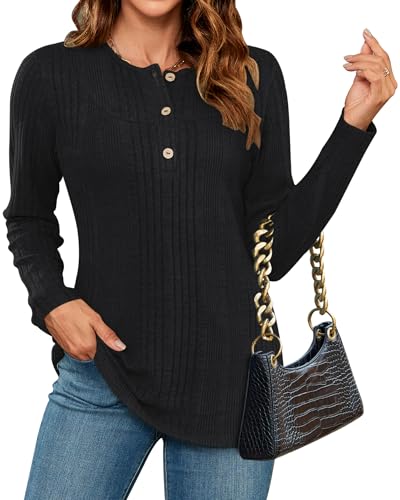 WNEEDU Pullover Damen Elegant Damen Langarmshirt Herbst Winter Pulli Lässige Sweatshirt mit Knöpfen Henley Shirt Tunika Tops Oberteile Schwarz M von WNEEDU