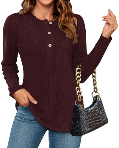 WNEEDU Pullover Damen Elegant Damen Langarmshirt Herbst Winter Pulli Lässige Sweatshirt mit Knöpfen Henley Shirt Tunika Tops Oberteile Weinrot L von WNEEDU