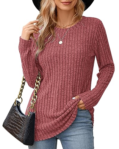 WNEEDU Rot Frauen Langarm-Pullover Rundhalsausschnitt Damen Tunika Tops Leichtgewicht Casual Sweatshirt 2XL von WNEEDU