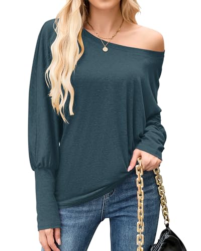 WNEEDU Schulterfreies Oberteil Damen Off Shoulder Pullover Langarmshirt Fledermausärmel Rundhals Herbst Longshirt Tunika Bluse Sweatshirt Lässig Grün S von WNEEDU