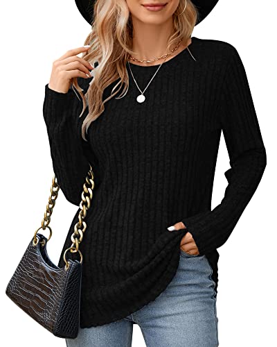 WNEEDU Schwarz Frauen Langarm-Pullover Rundhalsausschnitt Damen Tunika Tops Leichtgewicht Casual Sweatshirt 2XL von WNEEDU