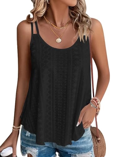 WNEEDU Schwarz Damen Tank Top Sommer Spaghetti Cami Oberteile Ärmellose Rundhalsausschnitt Shirt Blusen Tops Schwarz 2XL von WNEEDU