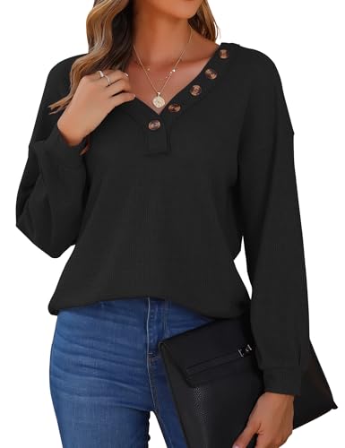 WNEEDU Schwarz Damen Waffelstrick Pullover V-Ausschnitt langärmelig Tops mit Dekorative Knöpfe Lässig Lose Tunika Shirts L von WNEEDU