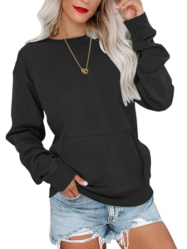 WNEEDU Schwarz Oberteile Damen Rundhalsausschnitt Bluse Damen Herbstkleidung Langärmeliges Sweatshirt mit Känguru Tasche Schwarz XL von WNEEDU