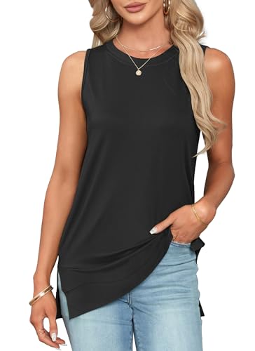 WNEEDU Schwarzes Tank Top Damen Sommer Rundhalsausschnitt Tanktops Ärmellose Lässiges Oberteil Cami Tops für Frauen(Black,S) von WNEEDU