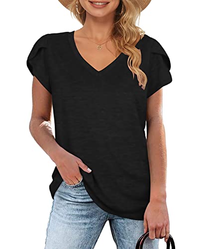 WNEEDU T-Shirt Damen V Ausschnitt Sommer Top Freizeit Kurzarm Oberteile Frauen Schwarz L von WNEEDU