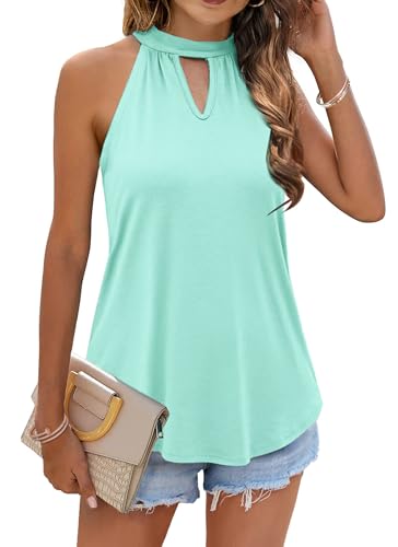 WNEEDU Damen Tank Tops Sommer Neckholder Ärmellos Oberteile Rundhals Schulterfrei Elegant Blusen Top Shirts Hellgrün M von WNEEDU