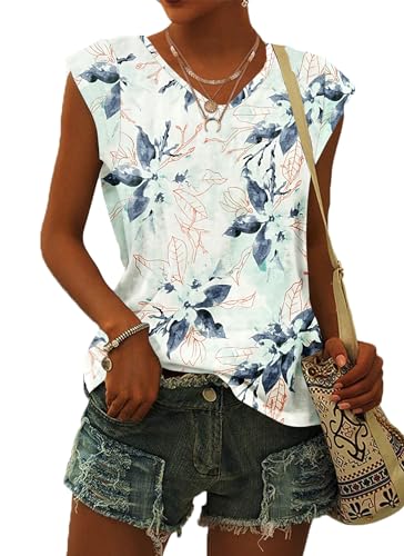 WNEEDU Sommer T Shirt für Damen V Ausschnitt Tanktops Loose Fit Sommerblusen Kurzarm Luftig Weiße Grüne Blumen M von WNEEDU