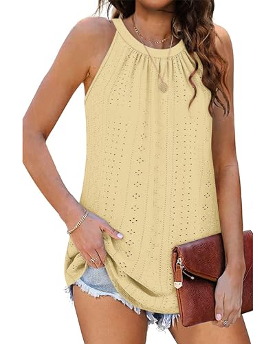 WNEEDU Sommer Top Damen Neckholder Top Ärmellose Tanktop Elegante Oberteile Cami Shirt (Hell Gelb, 2XL) von WNEEDU