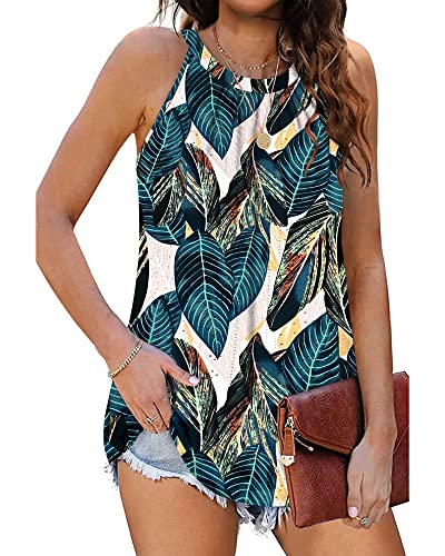 WNEEDU Sommer Top Damen Neckholder Top Ärmellose Tanktop Elegante Oberteile Cami Shirt (Leaf Drucken, L) von WNEEDU