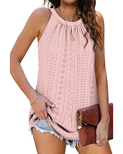 WNEEDU Sommer Top Damen Neckholder Top Ärmellose Tanktop Elegante Oberteile Cami Shirt (Rosa, 2XL) von WNEEDU