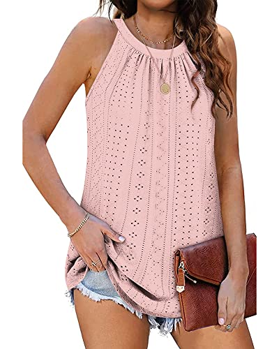 WNEEDU Sommer Top Damen Neckholder Top Ärmellose Tanktop Elegante Oberteile Cami Shirt (Rosa, XL) von WNEEDU