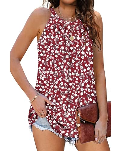 WNEEDU Sommer Top Damen Neckholder Top Ärmellose Tanktop Elegante Oberteile Cami Shirt (Rote Blume, S) von WNEEDU