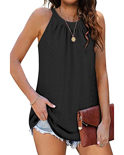 WNEEDU Sommer Top Damen Neckholder Top Ärmellose Tanktop Elegante Oberteile Cami Shirt (Schwarz, 2XL) von WNEEDU