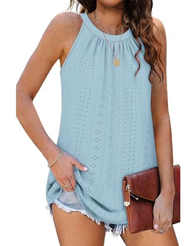 WNEEDU Sommer Top Damen Neckholder Top Ärmellose Tanktop Elegante Oberteile Cami Shirt (Wasser Blau, 2XL) von WNEEDU