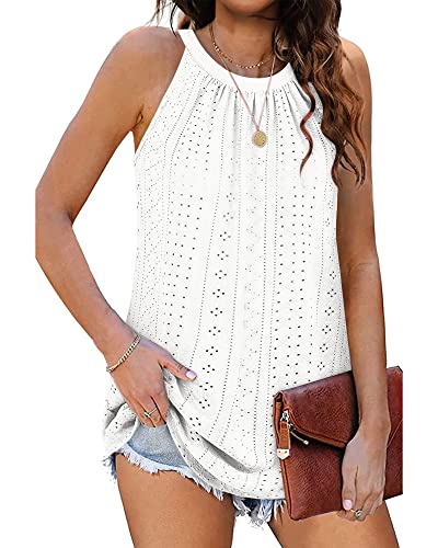 WNEEDU Sommer Top Damen Neckholder Top Ärmellose Tanktop Elegante Oberteile Cami Shirt (Weiß, 2XL) von WNEEDU