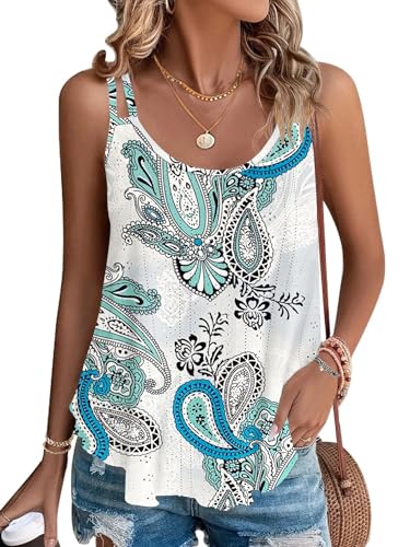 WNEEDU Damen Tank Tops Sommer Spaghetti Cami Oberteile Ärmellose Rundhalsausschnitt Blusen Top Shirts Blumen Blau Weiß 2XL von WNEEDU
