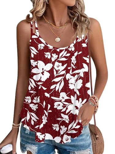 WNEEDU Sommer Tops Damen Rundhalsausschnitt Spaghetti Tank Top Ärmellose Cami Oberteile Shirts Rote weiße Blume XL von WNEEDU