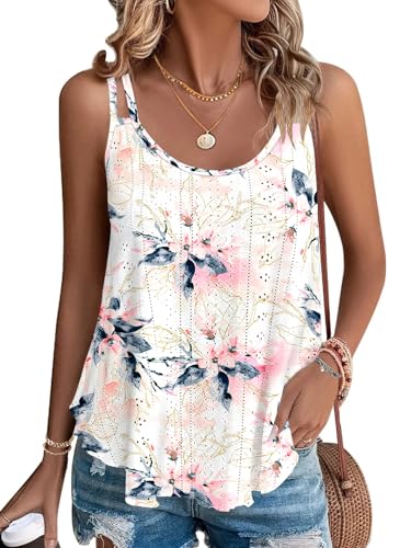 WNEEDU Sommer Tops Damen Rundhalsausschnitt Spaghetti Tank Top Ärmellose Cami Oberteile Shirts Weiß Rosa Blume 2XL von WNEEDU