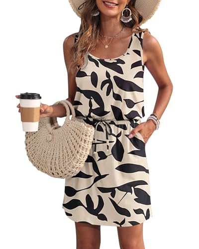 WNEEDU Sommerkleid Damen Ärmellose Strandkleid Damen U-Ausschnitt KordelzugKleid Luftiges Kleid Damen Sommer mit Taschen Aprikosen Schwarz Blatt XL von WNEEDU
