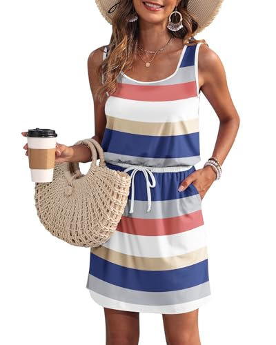 WNEEDU Sommerkleid Damen Ärmellose Strandkleid U Ausschnitt Kordelzugkleid Luftiges Kleid Sommer mit TaschenBlaue Weiße Streifen M von WNEEDU