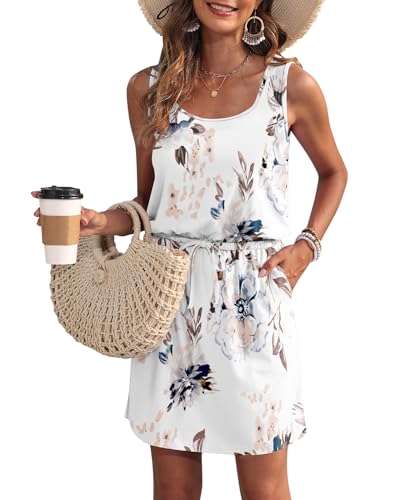 WNEEDU Sommerkleid Damen Ärmellose Strandkleid Damen U-Ausschnitt KordelzugKleid Luftiges Kleid Damen Sommer mit Taschen Florales Weiß M von WNEEDU