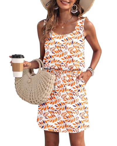 WNEEDU Sommerkleid Damen Ärmellose Strandkleid U Ausschnitt Kordelzugkleid Luftiges Kleid Sommer mit TaschenOrangen Blatt M von WNEEDU