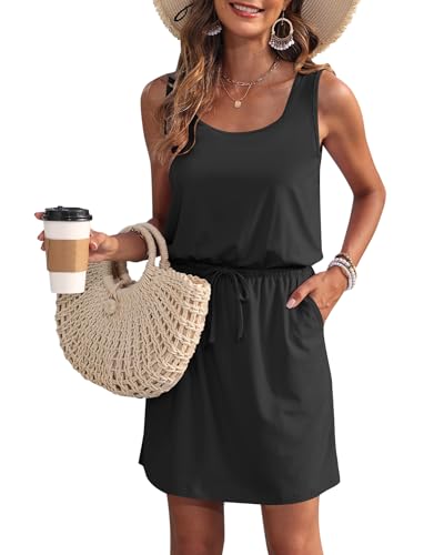 WNEEDU Sommerkleid Damen Ärmellose Strandkleid U Ausschnitt Kordelzugkleid Luftiges Kleid Sommer mit TaschenSchwarz M von WNEEDU