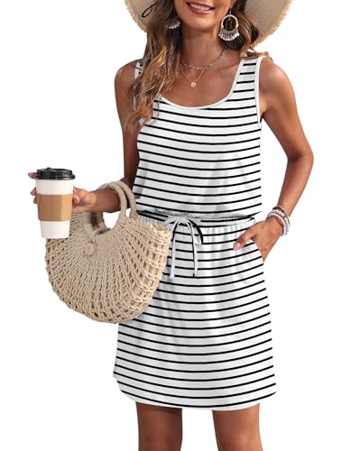 WNEEDU Sommerkleid Damen Ärmellose Strandkleid Damen U-Ausschnitt KordelzugKleid Luftiges Kleid Damen Sommer mit Taschen Schwarz Streifen Weiß S von WNEEDU