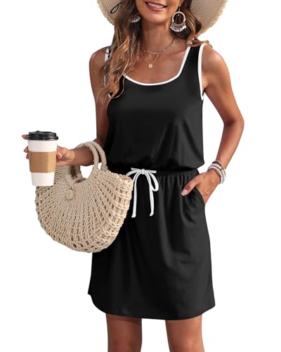 WNEEDU Sommerkleid Damen Ärmellose Strandkleid Damen U-Ausschnitt KordelzugKleid Luftiges Kleid Damen Sommer mit Taschen Schwarz Weiß XL von WNEEDU
