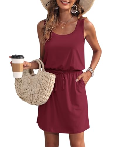 WNEEDU Sommerkleid Damen Ärmellose Strandkleid Damen U-Ausschnitt KordelzugKleid Luftiges Kleid Damen Sommer mit Taschen Weinrot L von WNEEDU