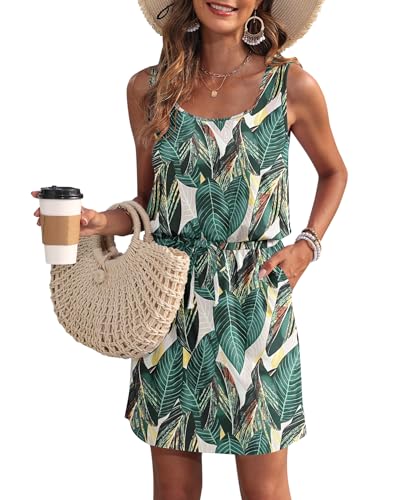 WNEEDU Sommerkleid Damen Ärmellose Strandkleid U Ausschnitt Kordelzugkleid Luftiges Kleid Sommer mit Taschen Blätterdruck XL von WNEEDU
