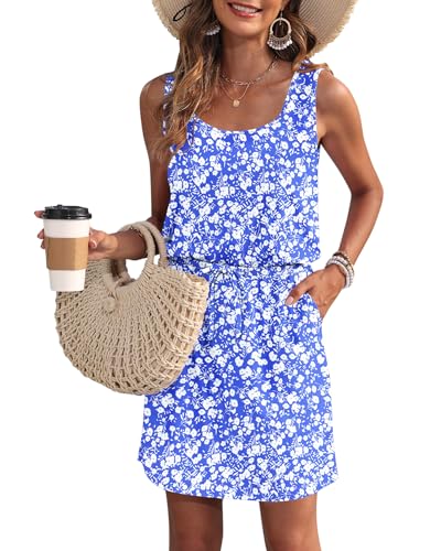 WNEEDU Sommerkleid Damen Ärmellose Strandkleid U Ausschnitt Kordelzugkleid Luftiges Kleid Sommer mit Taschen Blau Weißes Blümchen S von WNEEDU