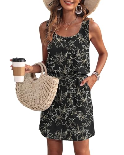 WNEEDU Sommerkleid Damen Ärmellose Strandkleid U Ausschnitt Kordelzugkleid Luftiges Kleid Sommer mit Taschen Schwarzes Blattgold L von WNEEDU