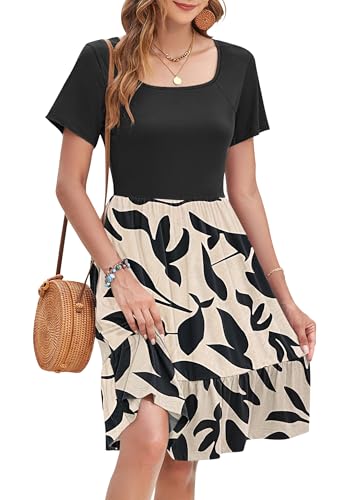 WNEEDU Sommerkleid Damen Elegant Kleider Kurzarm Quadratischer Ausschnitt Strandkleider Knielang Tunika Freizeitkleid Mit Taschen von WNEEDU