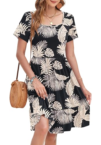 WNEEDU Sommerkleid Damen Elegant Kleider Kurzarm Quadratischer Ausschnitt Strandkleider Knielang Tunika Freizeitkleid Mit Taschen von WNEEDU