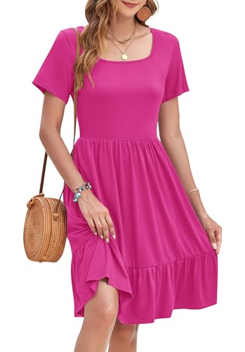 WNEEDU Sommerkleid Damen Elegant Kleider Kurzarm Quadratischer Ausschnitt Strandkleider Knielang Tunika Freizeitkleid Mit Taschen von WNEEDU