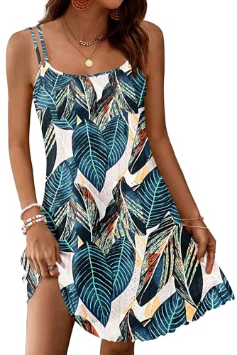 WNEEDU Sommerkleid Damen Eyelet Ärmelloses Spaghettiträger Strandkleid Lockerer Swing Kleid Blattdruck 2XL von WNEEDU